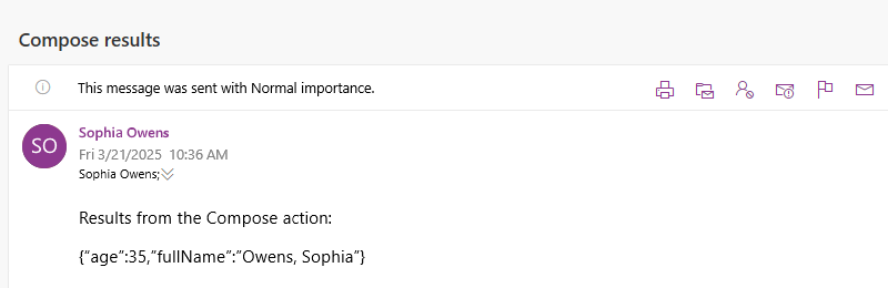 Screenshot shows email with results from the Compose action.