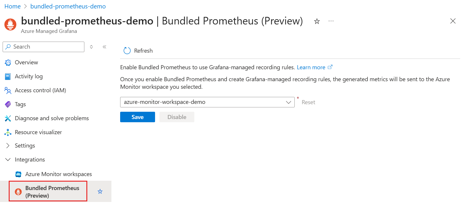 Screenshot of the Azure platform showing the bundled Prometheus integration pane in Azure Managed Grafana.