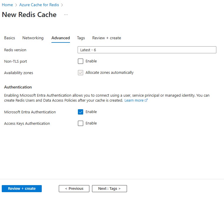 Screenshot showing the Advanced pane for a Standard SKU cache.