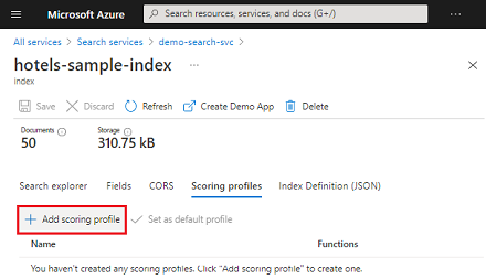 Screenshot showing the Add scoring profile option in the Azure portal.