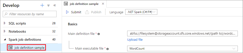 Open spark job definition to submit