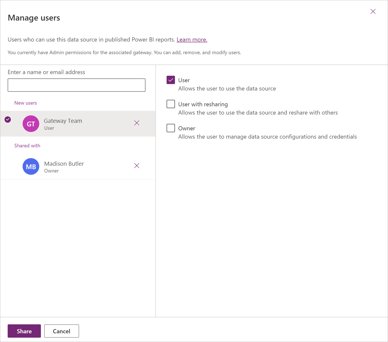 Screenshot of the Manage users dialog, with a new user emphasized, and the User role selected.