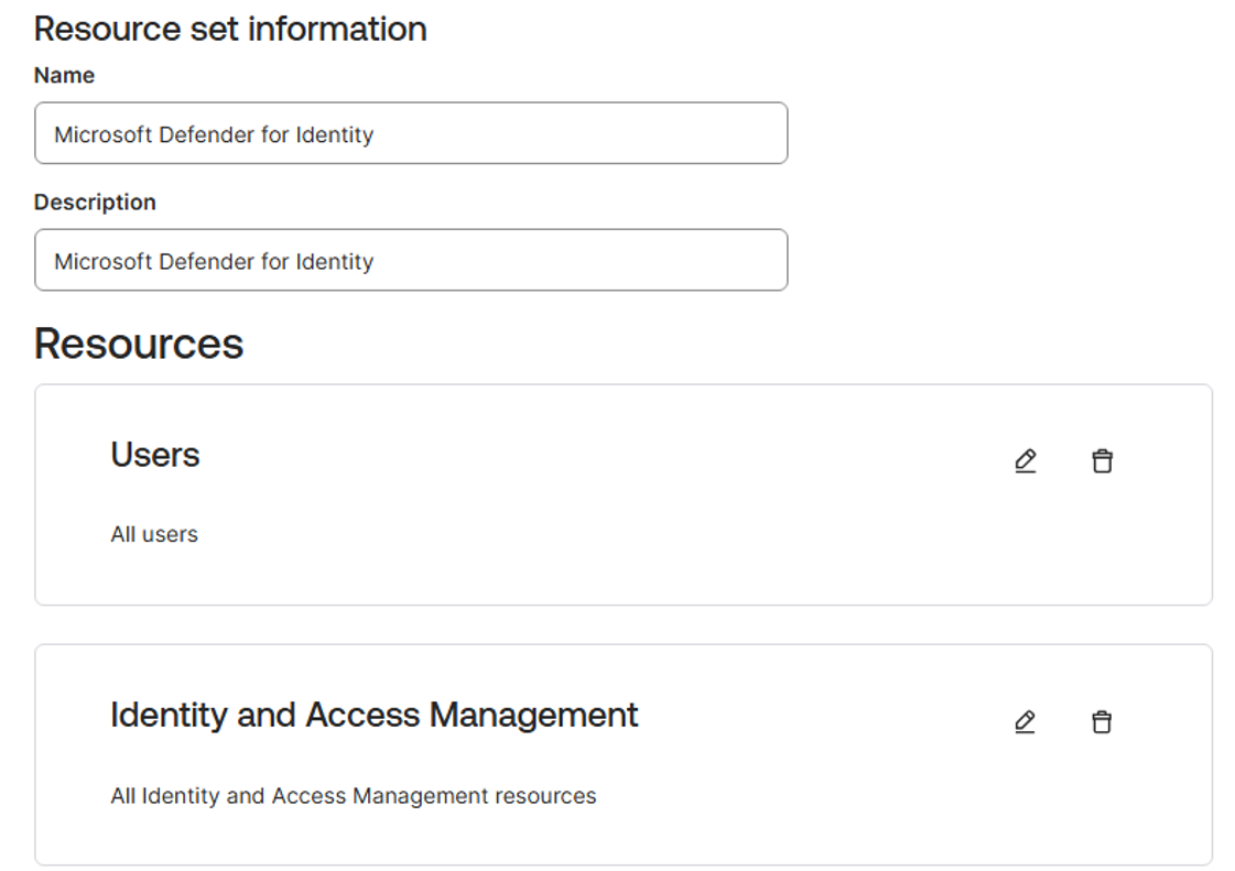Screenshot that shows the resource set name is Microsoft Defender for Identity.
