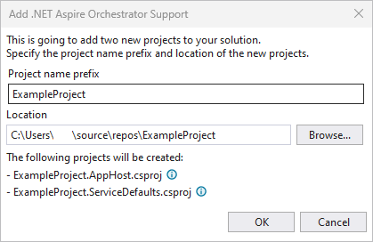 A screenshot showing the Visual Studio add Aspire orchestration summary.
