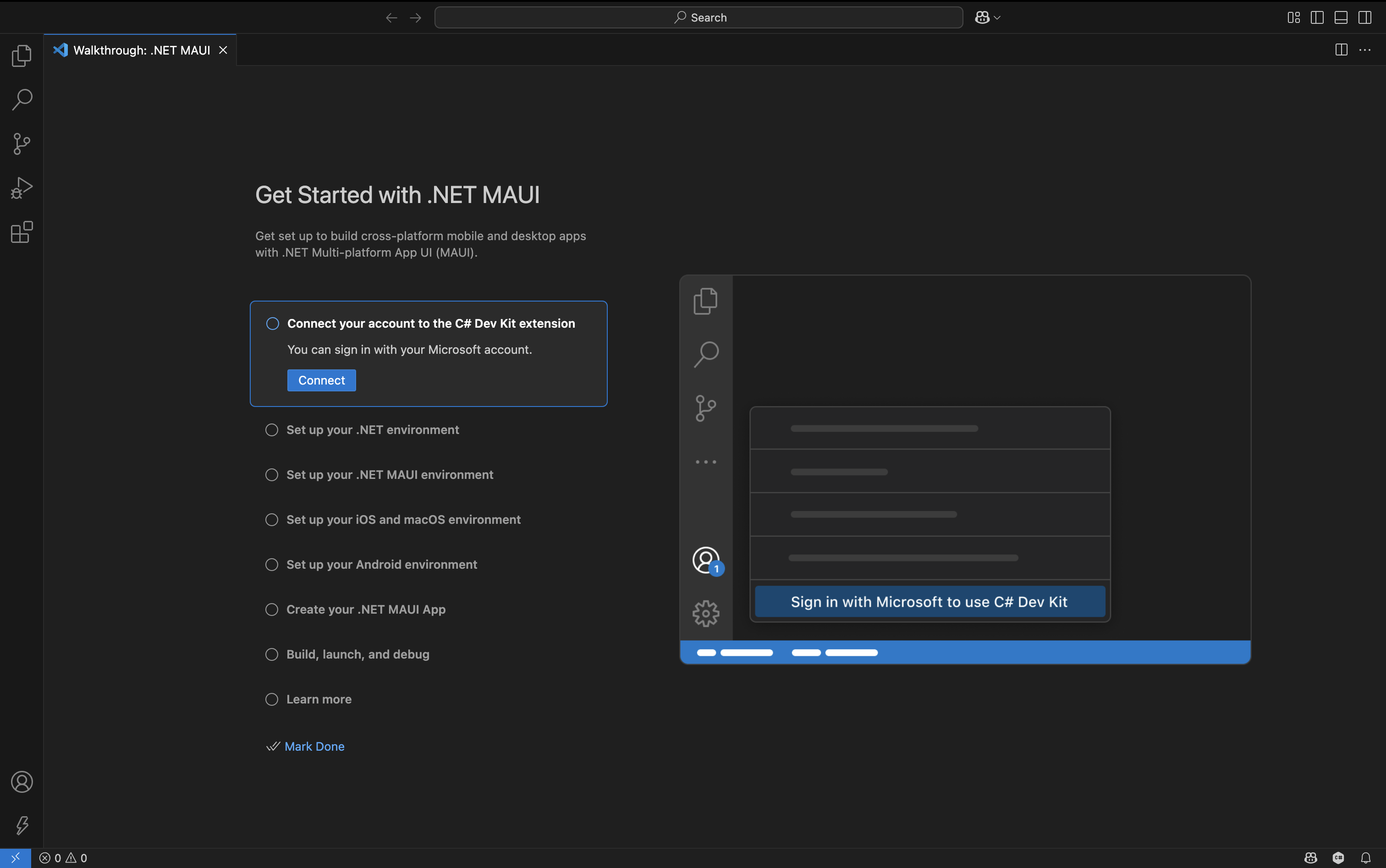 Screenshot of the Visual Studio Code extension pane showing the .NET MAUI walkthrough.