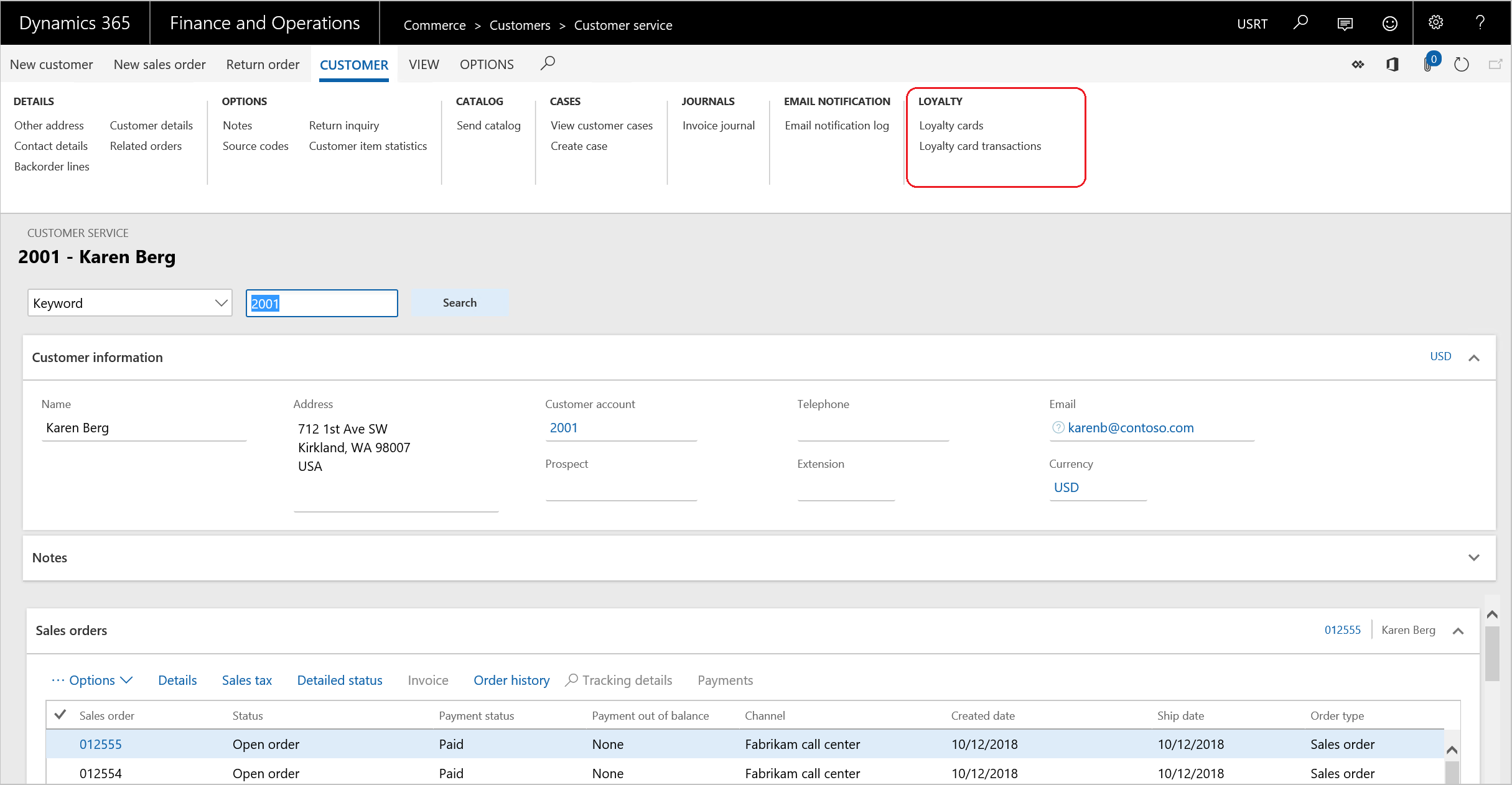 Find loyalty information for the customer Customer service.