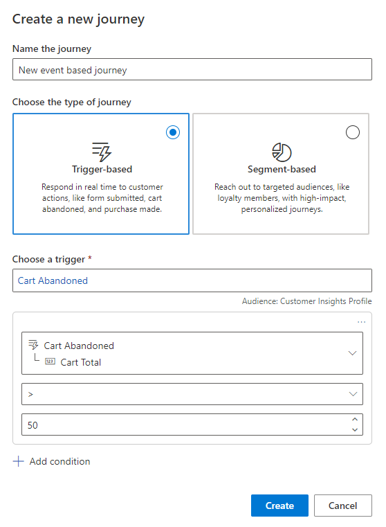 Add a trigger condition screenshot Screenshot of adding a trigger condition in the real-time marketing interface.