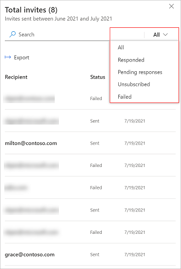 Filter invitation details Screenshot showing the All filter selected and options for Responded, Pending response, Unsubscribed, and Failed.
