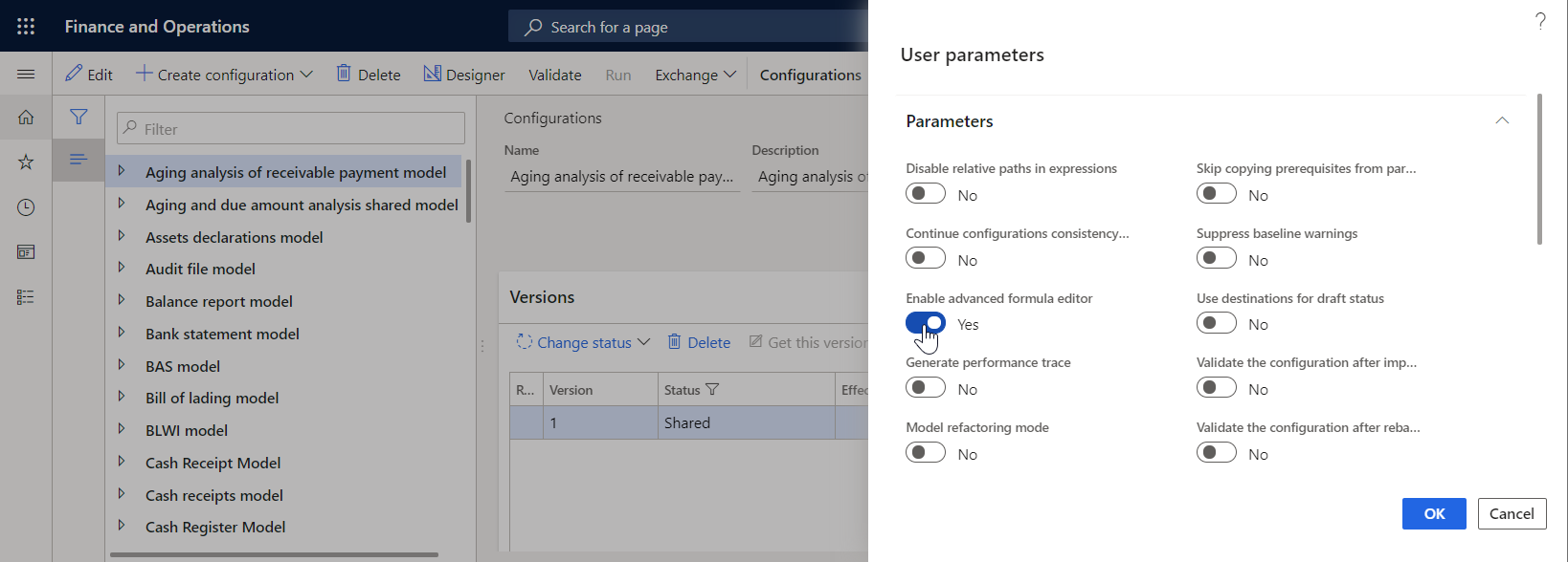 User parameters dialog box, Enable advanced formula editor parameter highlighted.