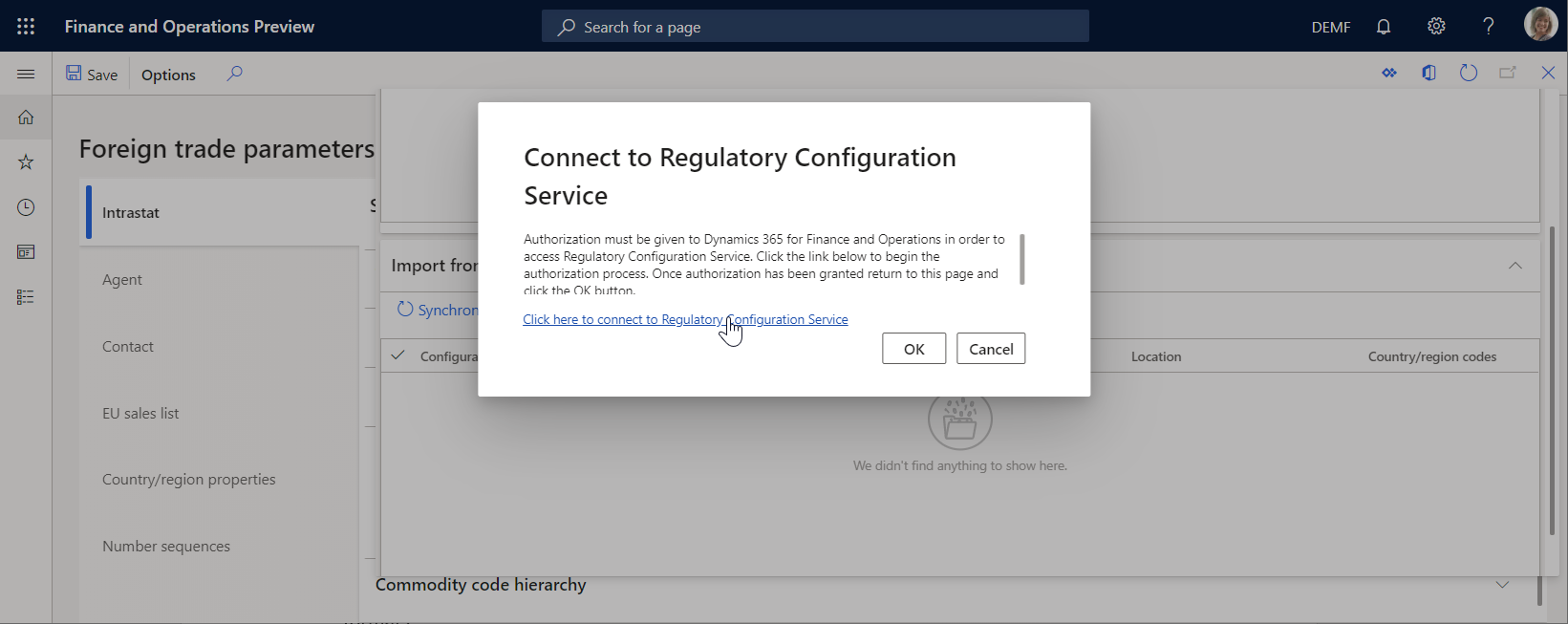 Foreign trade parameters page, Link to sign up for RCS.