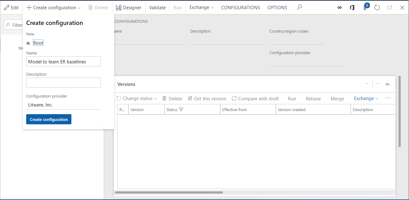 Screenshot of the Create configuration drop-down dialog box Create configuration dialog box, add a new ER model configuration.