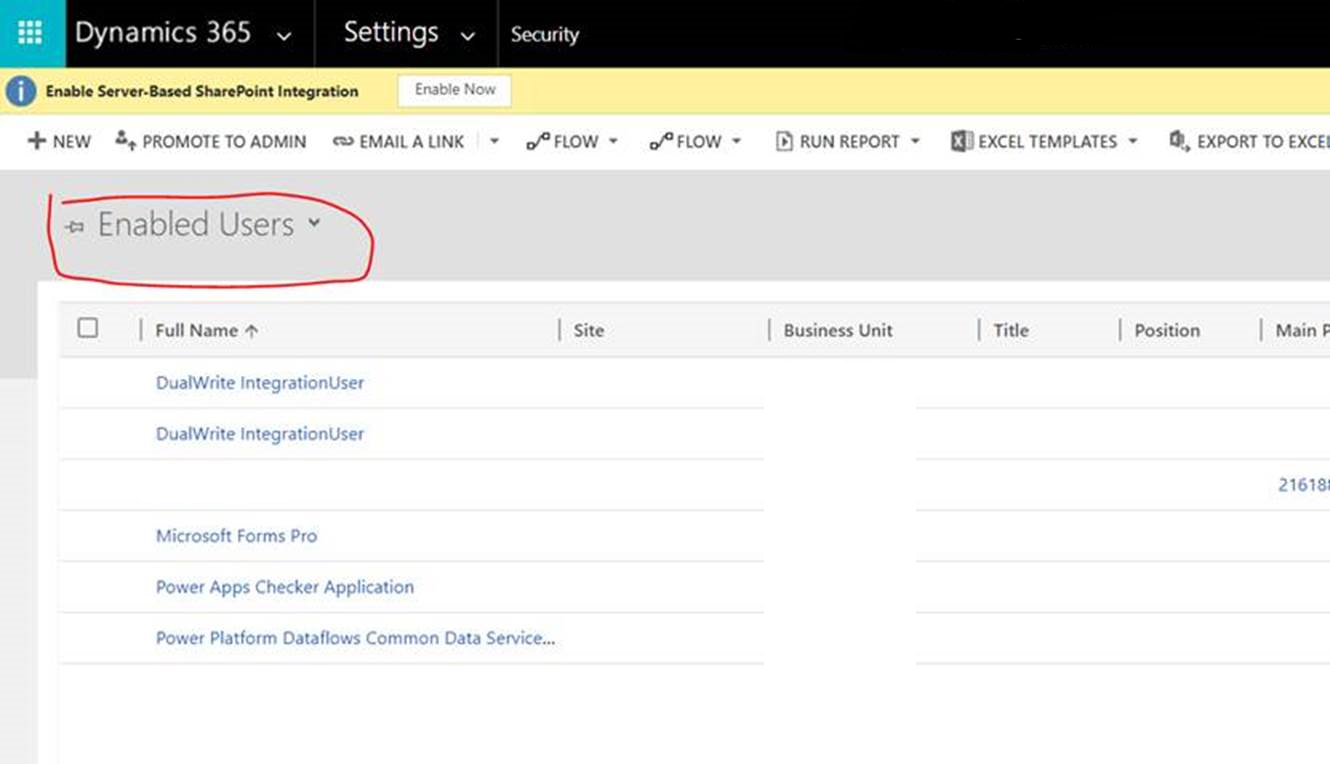 Screenshot of changing the view from Enabled Users to Application Users.