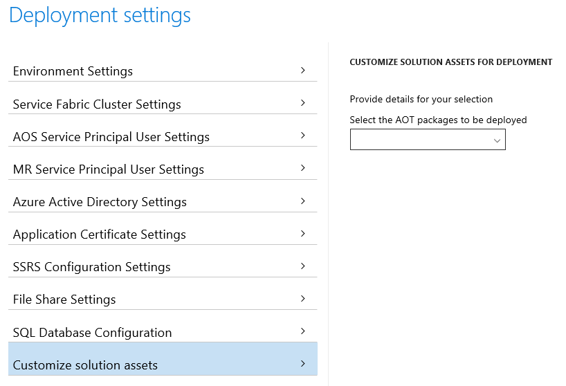 Screenshot of Deployment settings Customize solution assets tab.