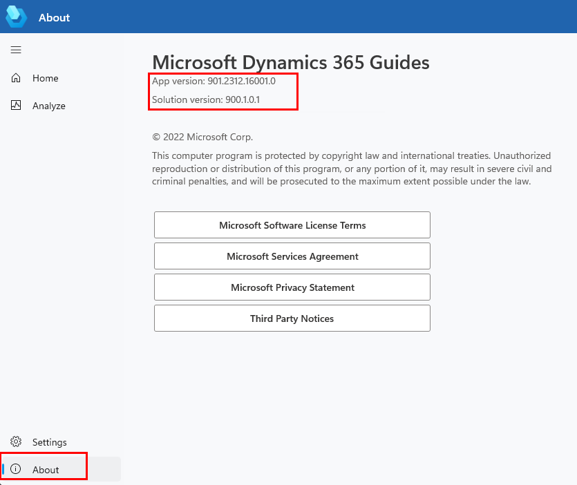 Version numbers on the About page Version numbers on the About page.