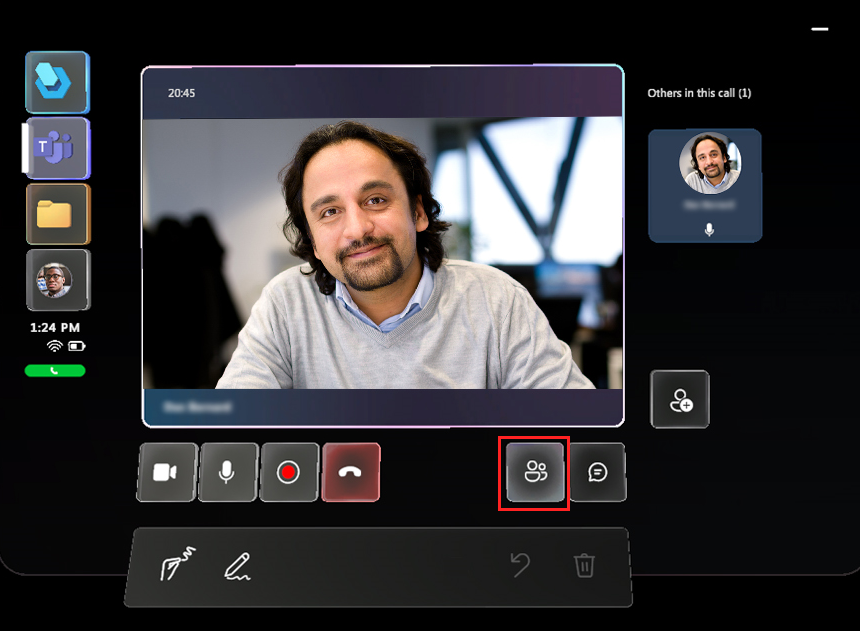 Screenshot of one-to-one call with Open participants button highlighted. Screenshot of one-to-one call with Open participants button highlighted.