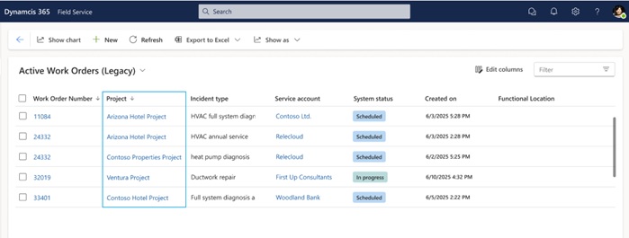 Screenshot showing project association in the work order list view Screenshot showing project association in the work order list view