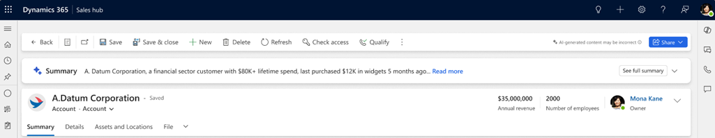 Screenshot of the Copilot account summary banner in Dynamics 365 Sales.