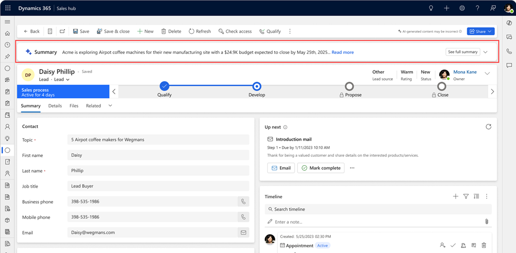 Screenshot of the Copilot summary insight banner for a lead record in Dynamics 365 Sales.