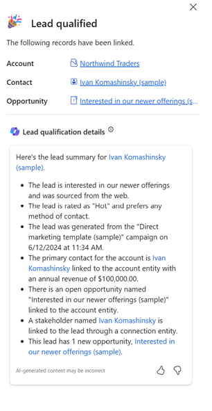 Screenshot of the Lead qualified page that appears after the lead is qualified. Screenshot of the Lead qualified page that appears after the lead is qualified.