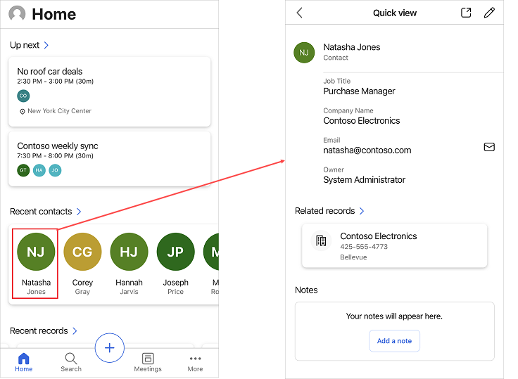 Screenshot of opening contact details in a quick view form.