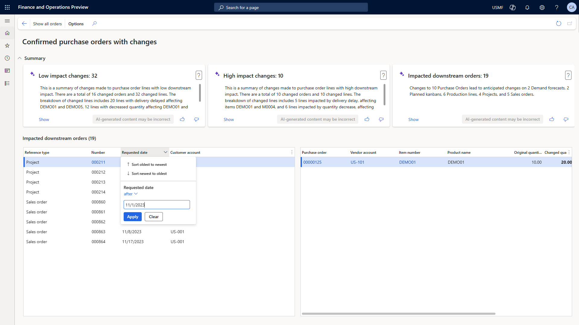 Screenshot of the Confirmed purchase orders with changes workspace, where filtering is applied to show the most pressing downstream impact by purchase order changes Screenshot of the Confirmed purchase orders with changes workspace, where filtering is applied to show the most pressing downstream impact by purchase order changes.