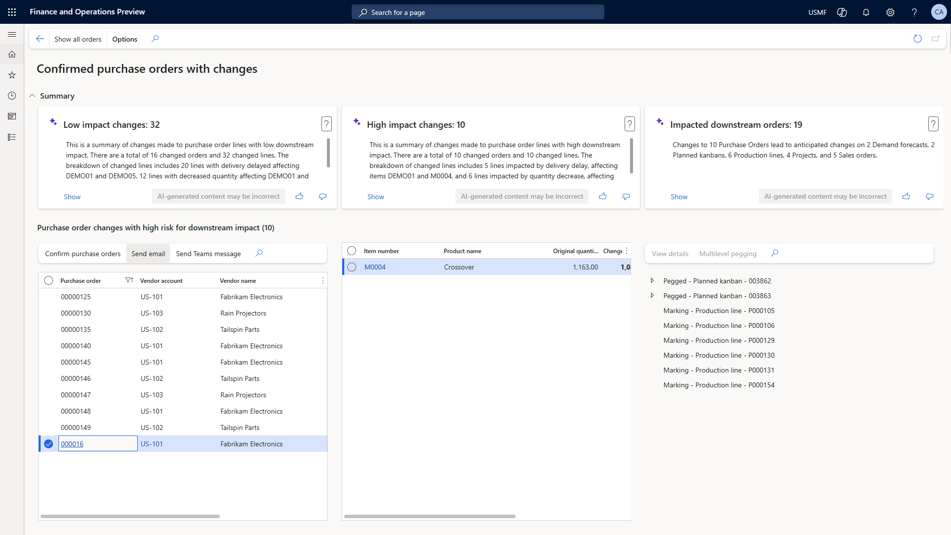 Screenshot of the Confirmed purchase orders with changes workspace, where one purchase order that has changes and downstream impact is selected Screenshot of the Confirmed purchase orders with changes workspace, where one purchase order that has changes and downstream impact is selected.