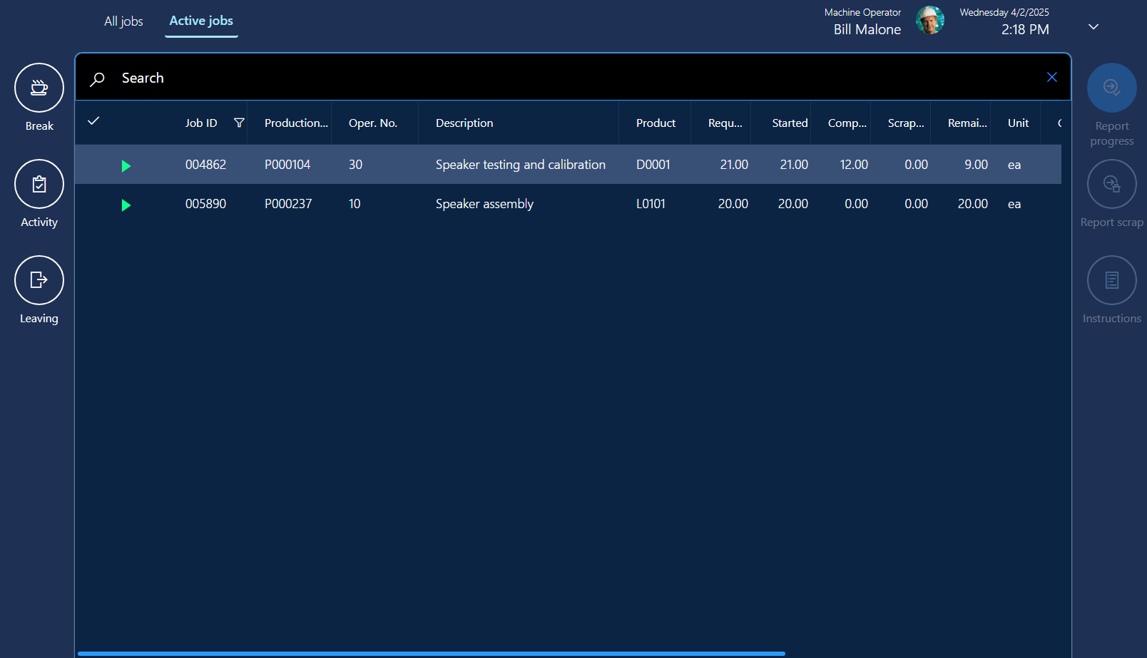 Active jobs tab Active jobs tab.