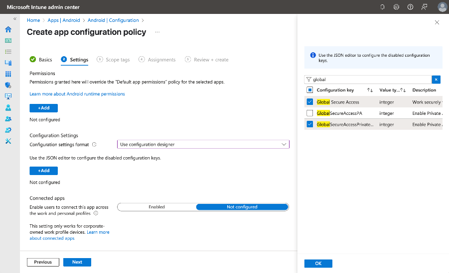 Screenshot of the Create app configuration policy on the Settings tab.