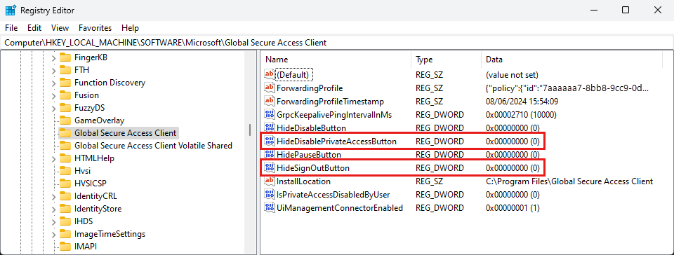 Screenshot of the Registry Editor with the HideSignOutButton and HideDisablePrivateAccessButton registry keys highlighted.