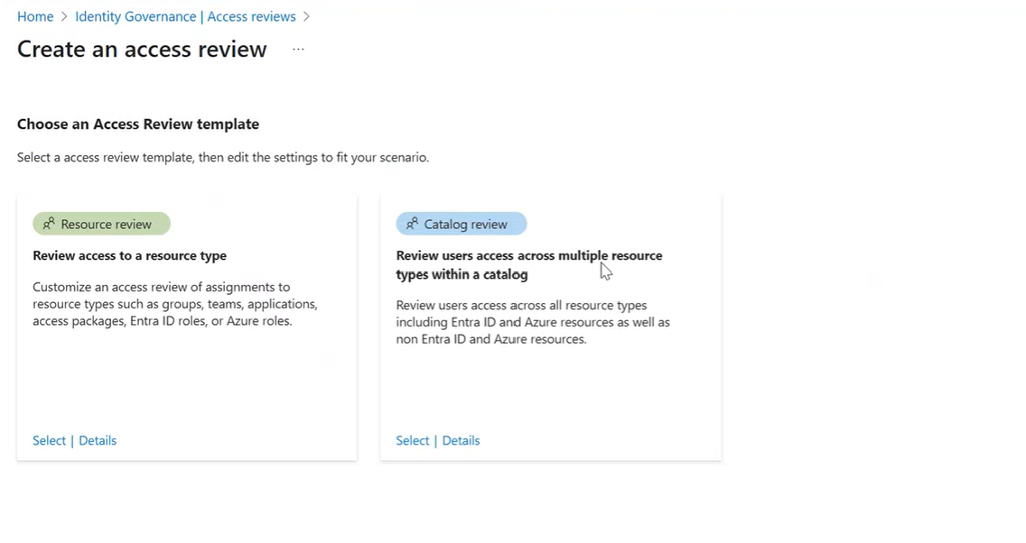 Screenshot of the access review templates page.