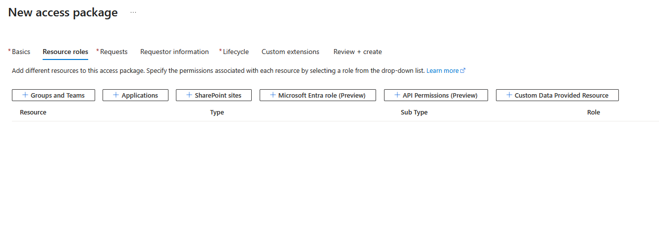 Screenshot that shows the panel for selecting applications for resource roles in a new access package.
