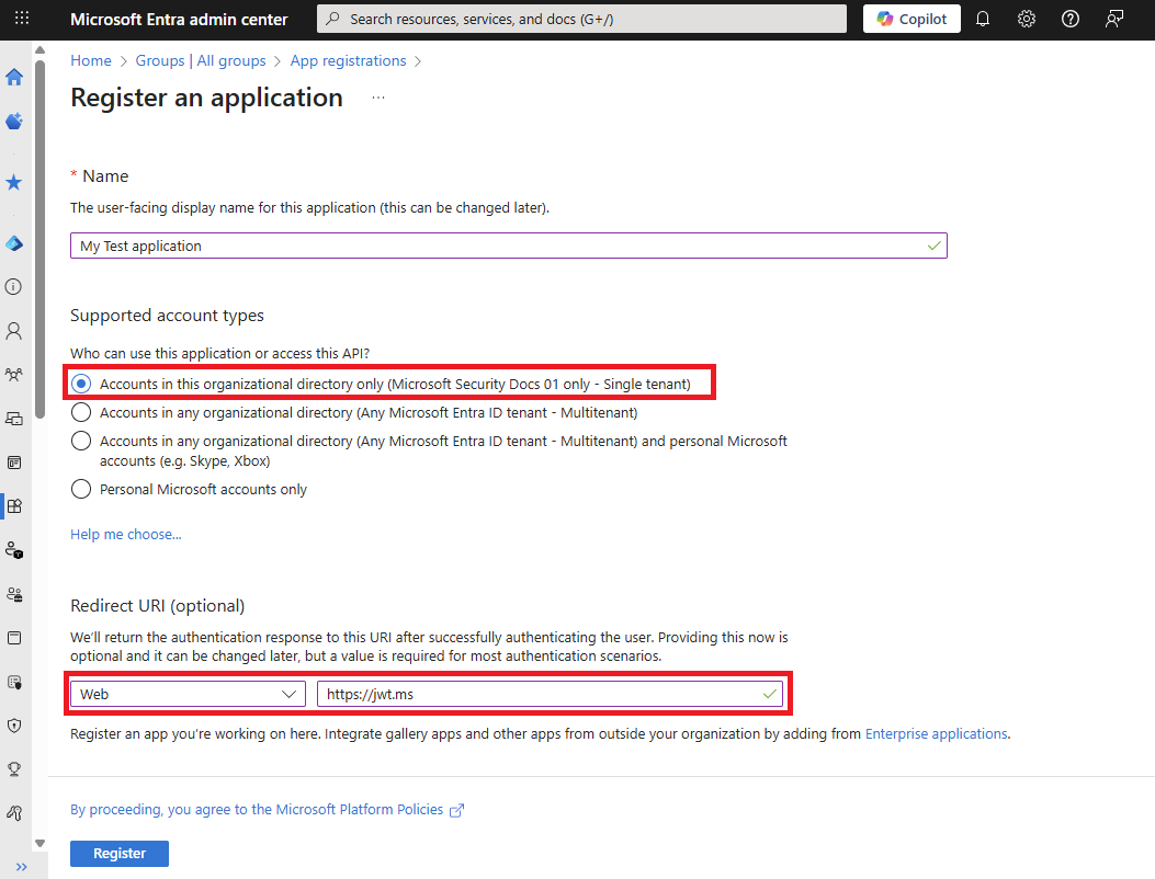 Screenshot that shows how to select the supported account type and redirect URI.