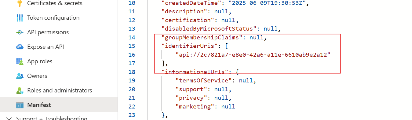 Screenshot of identifier URI modification experience in the manifest editor.