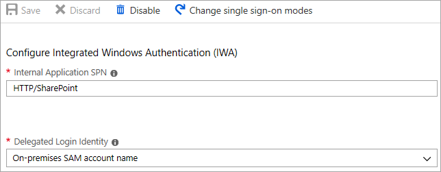 Screenshot of the Configure Integrated Windows Authentication dialog showing SPN set to HTTP/SharePoint and Delegated Login Identity set to On-premises SAM account name.