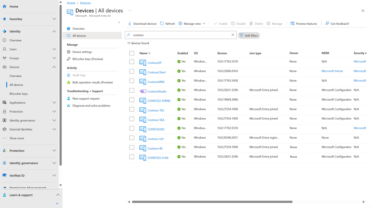 Screenshot that shows the All devices view.