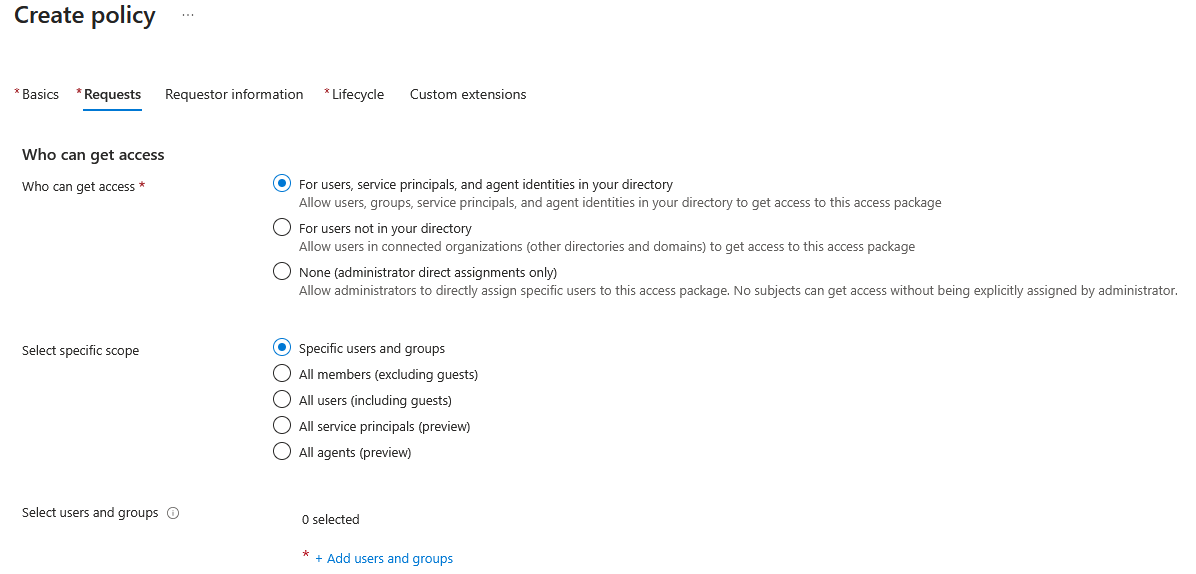 Screenshot that shows the option for allowing users and groups in the directory to request an access package.