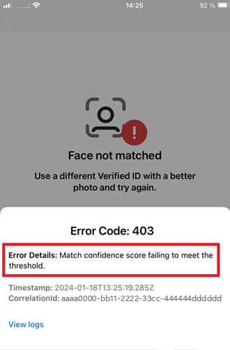 Screenshot of Microsoft Authenticator error message showing Face Check failed due to low confidence score not meeting the required threshold.