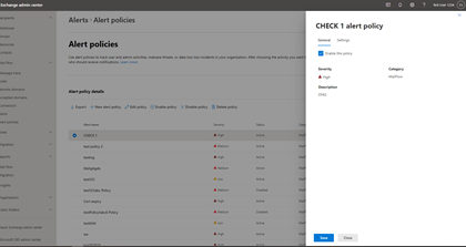 The screen on which you disable an alert policy by unchecking the check box.