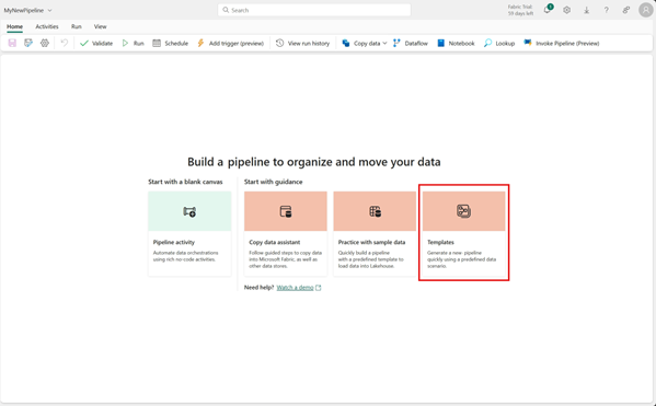 Screenshot showing the pipeline editor window with the Template button highlighted.