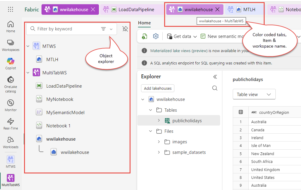 Screenshot showing the object explorer & multiple tabs to quickly locate and open resources.