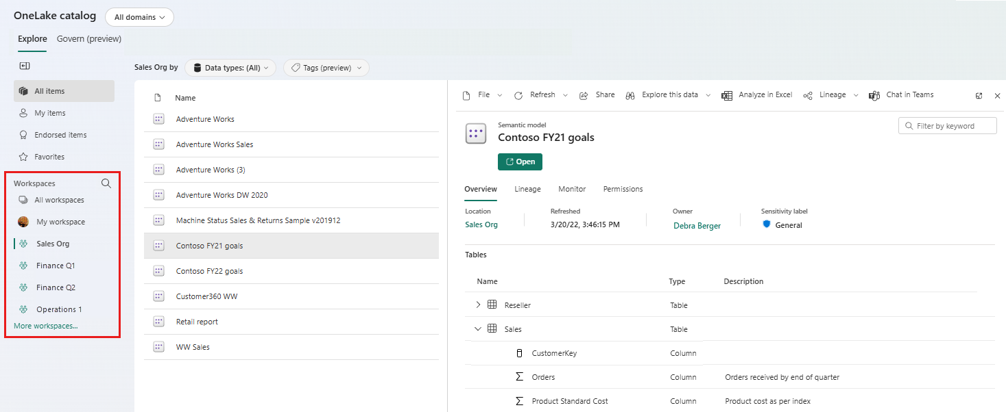 Screenshot of the explore tab's workspaces filter.