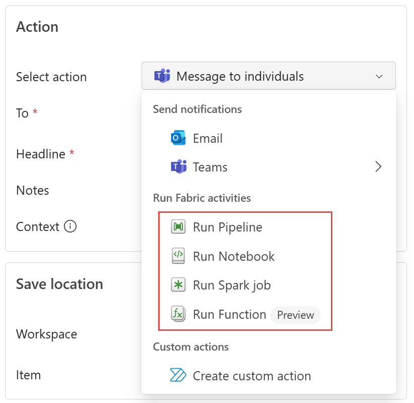 Screenshot of the Run Fabric items option.