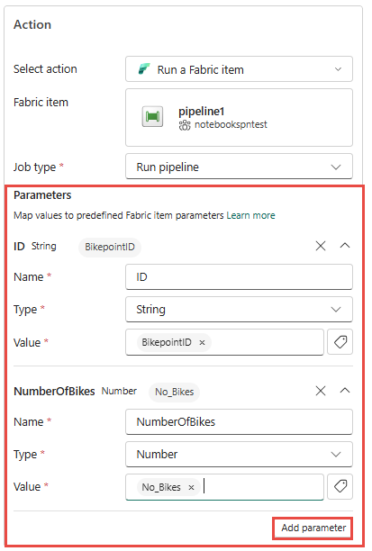 Screenshot of the Add rule pane with parameters for a Fabric item specified.