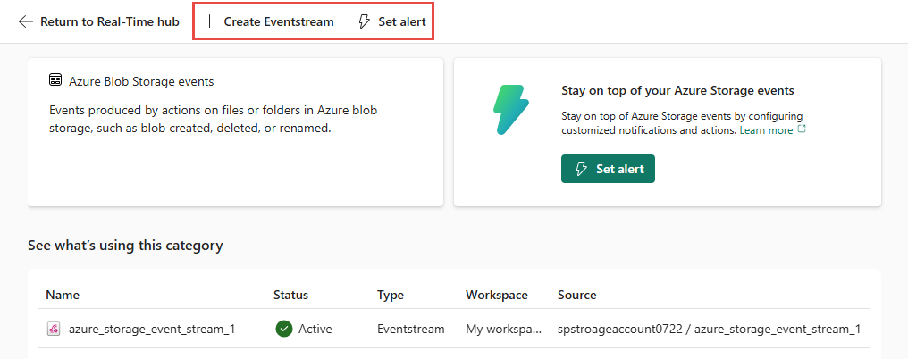 Screenshot that shows the Actions section of the Azure blob storage events detail page.