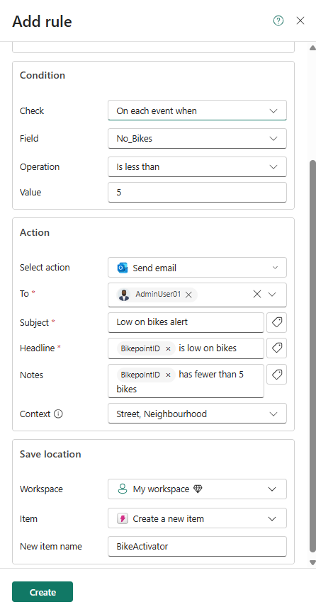 Screenshot that shows the Set alert page with all fields selected.