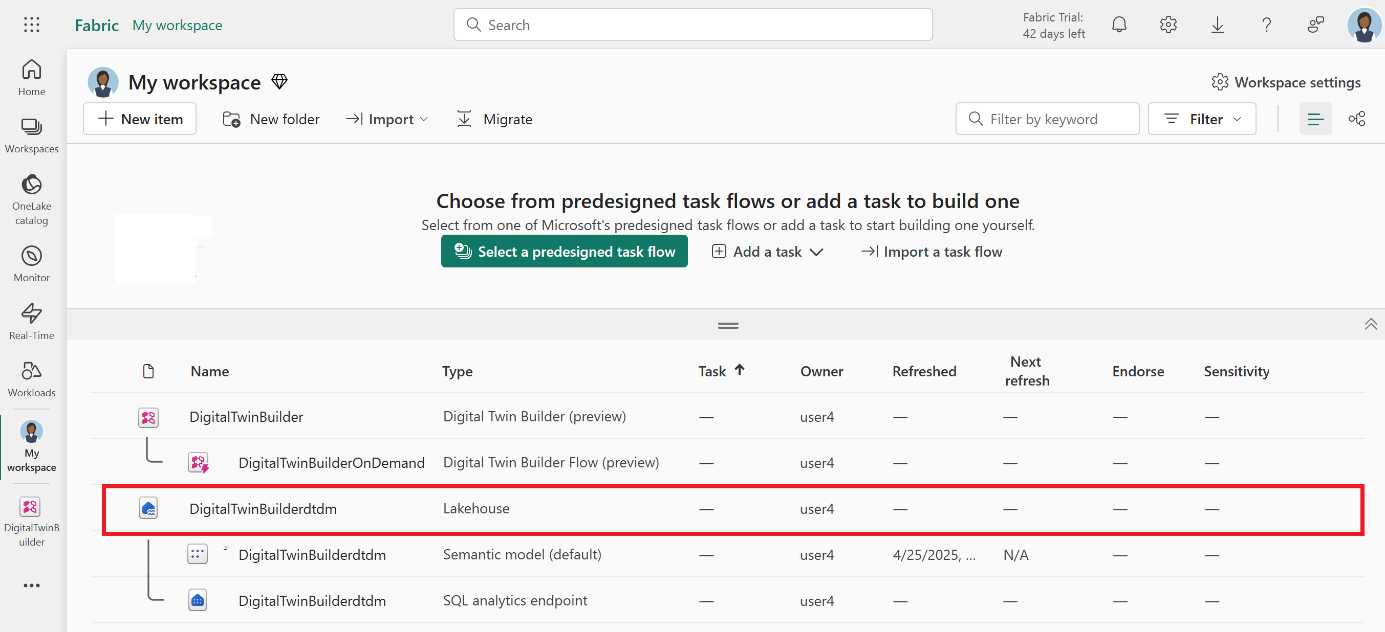 Screenshot of the digital twin builder data lakehouse in Fabric workspace.