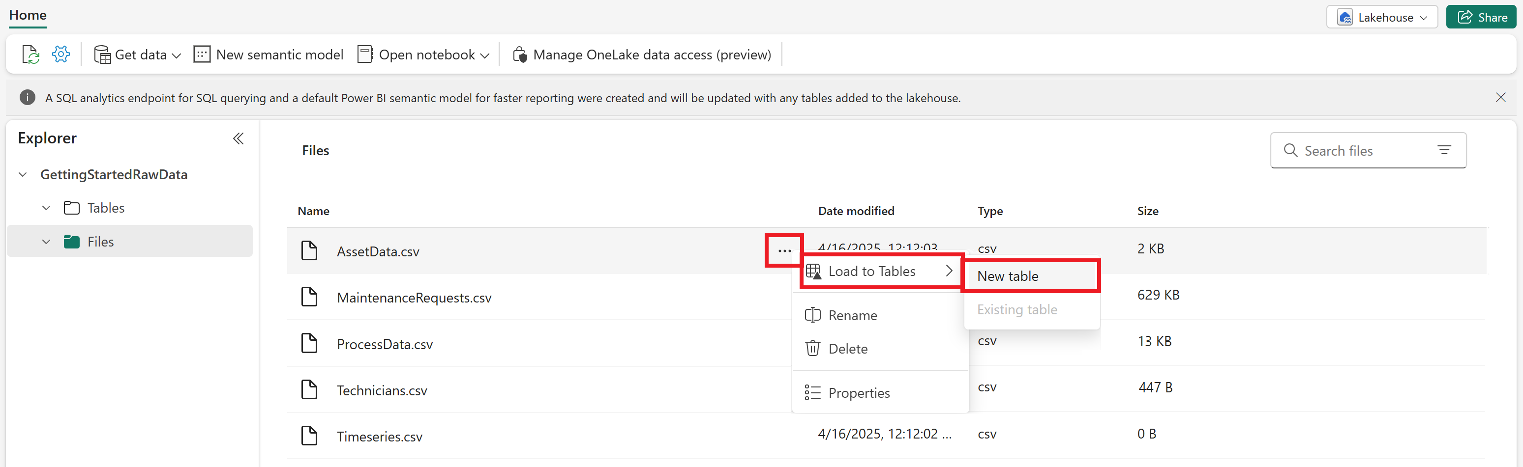 Screenshot of Microsoft Fabric, selecting the Load to Tables option.