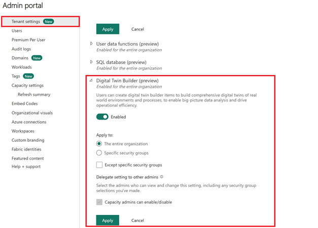 Screenshot of enabling digital twin builder in the admin portal.