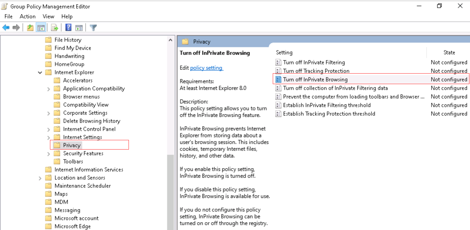 Screenshot that shows how to turn off InPrivate Browsing in Internet Explorer using on-premises ADMX template.