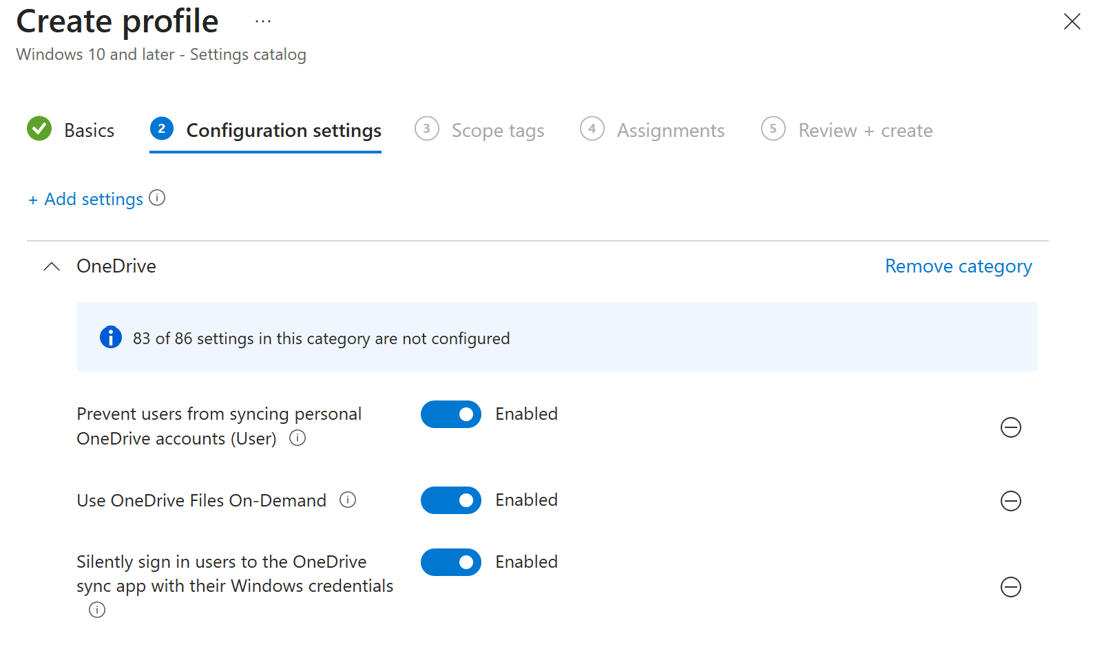 Screenshot that shows how to create a OneDrive settings catalog policy in Microsoft Intune.